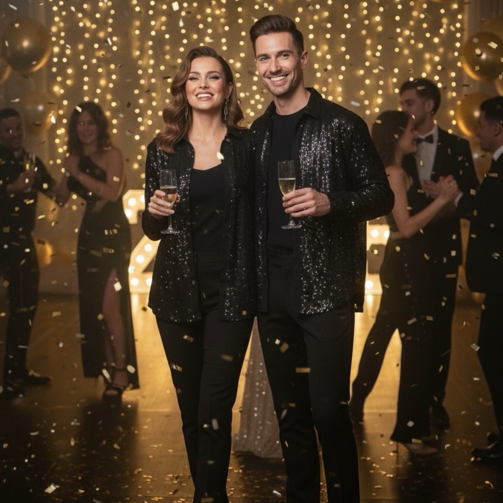 Vintage Unisex Black Sequin Button-Up Shirt